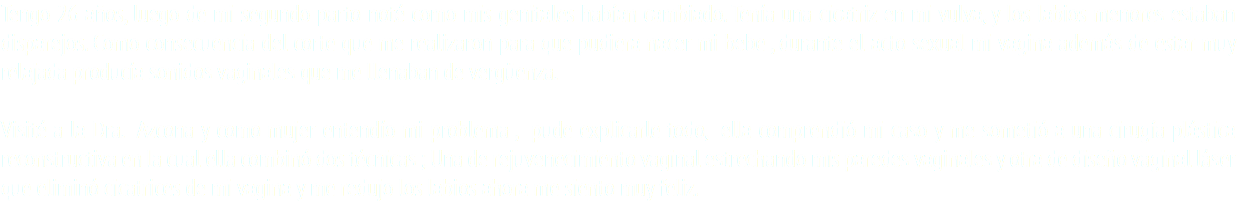 Tengo 26 años, luego de mi segundo parto noté como mis genitales habían cambiado. Tenía una cicatriz en mi vulva, y los labios menores estaban disparejos. Como consecuencia del corte que me realizaron para que pudiera nacer mi bebe , durante el acto sexual mi vagina además de estar muy relajada producía sonidos vaginales que me llenaban de vergüenza. Visité a la Dra. Azcona y como mujer entendío mi problema , pude explicarle todo, ella comprendió mi caso y me sometió a una cirugía plástica reconstructiva en la cual ella combinó dos técnicas ; Una de rejuvenecimiento vaginal estrechando mis paredes vaginales y otra de diseño vaginal láser que eliminó cicatrices de mi vagina y me redujo los labios ahora me siento muy feliz.